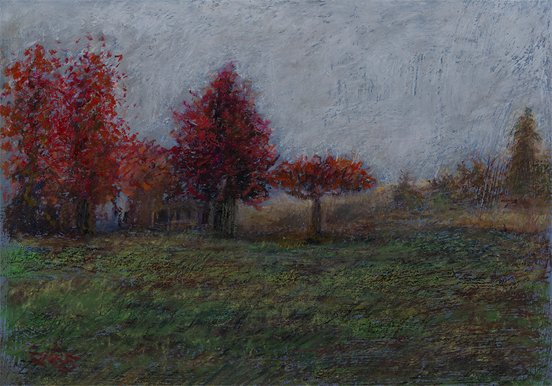 Landscape NR 04 – Oil Pastel on Handmade Paper with Deckle Edge, A4, 150gsm (Ölpastell auf handgeschöpftem Papier mit Büttenrand, A4, 150g/m²) von Manfred Zak