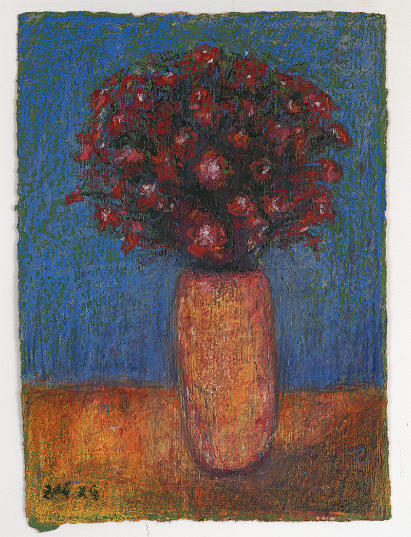 Still Life NR 04 – Oil Pastel on Handmade Paper with Deckle Edge, A4, 150gsm (Ölpastell auf handgeschöpftem Papier mit Büttenrand, A4, 150g/m²) von Manfred Zak