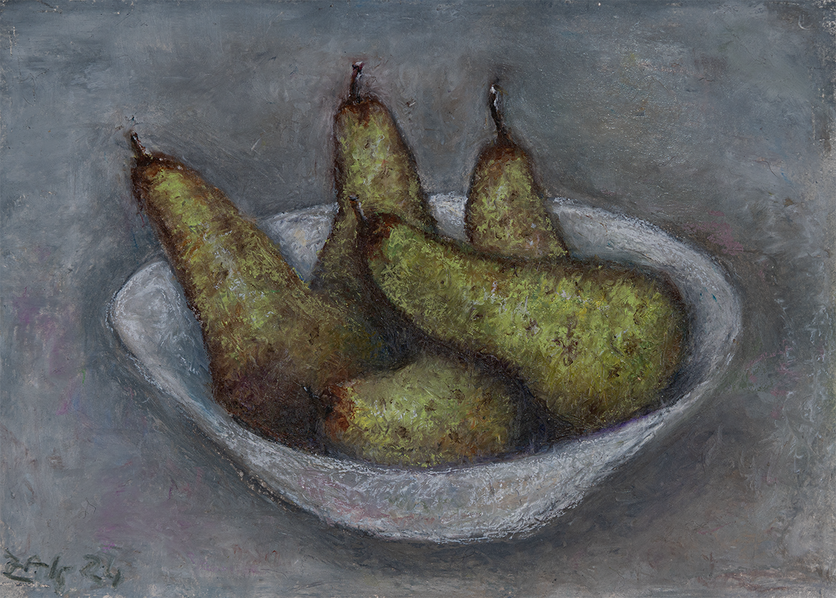 Still Life NR 03 – Oil Pastel on Handmade Paper with Deckle Edge, A4, 150gsm (Ölpastell auf handgeschöpftem Papier mit Büttenrand, A4, 150g/m²) von Manfred Zak