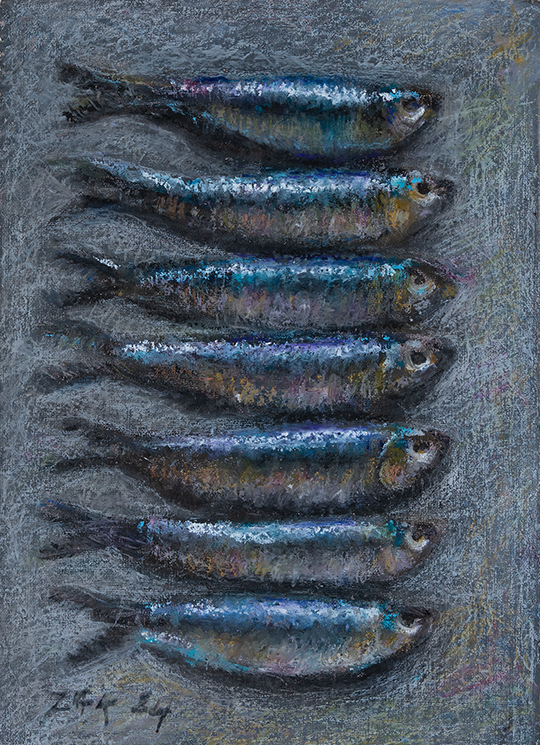 Fish_01 – Oil Pastel on Handmade Paper with Deckle Edge, A4, 150gsm (Ölpastell auf handgeschöpftem Papier mit Büttenrand, A4, 150g/m²) von Manfred Zak