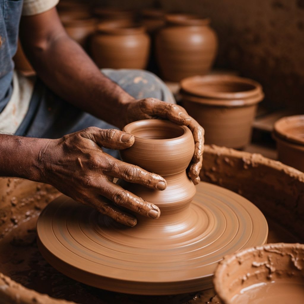 Indian artisan shaping clay on pottery wheel