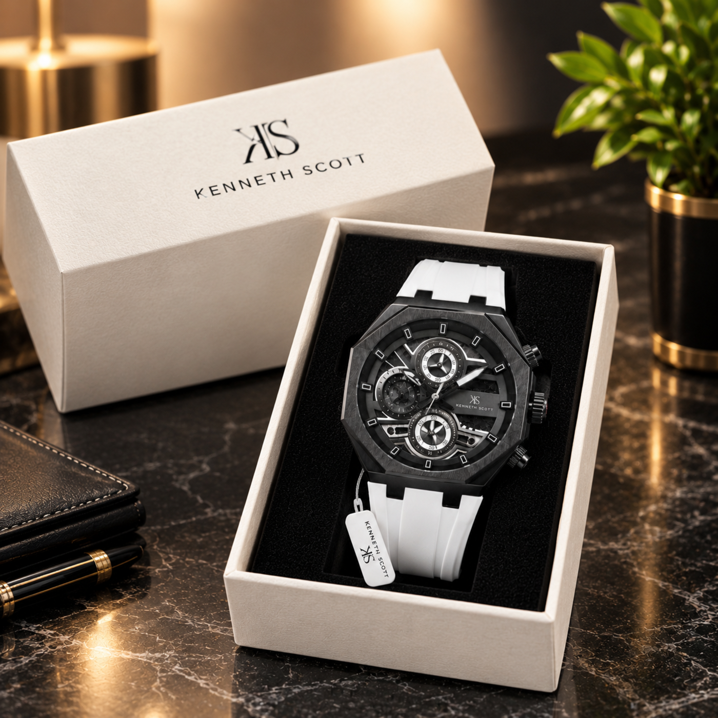 Kenneth Scott Men’s Chronograph Black Dial Watch with White Silicone Strap K26111-BSWB (New) image 2
