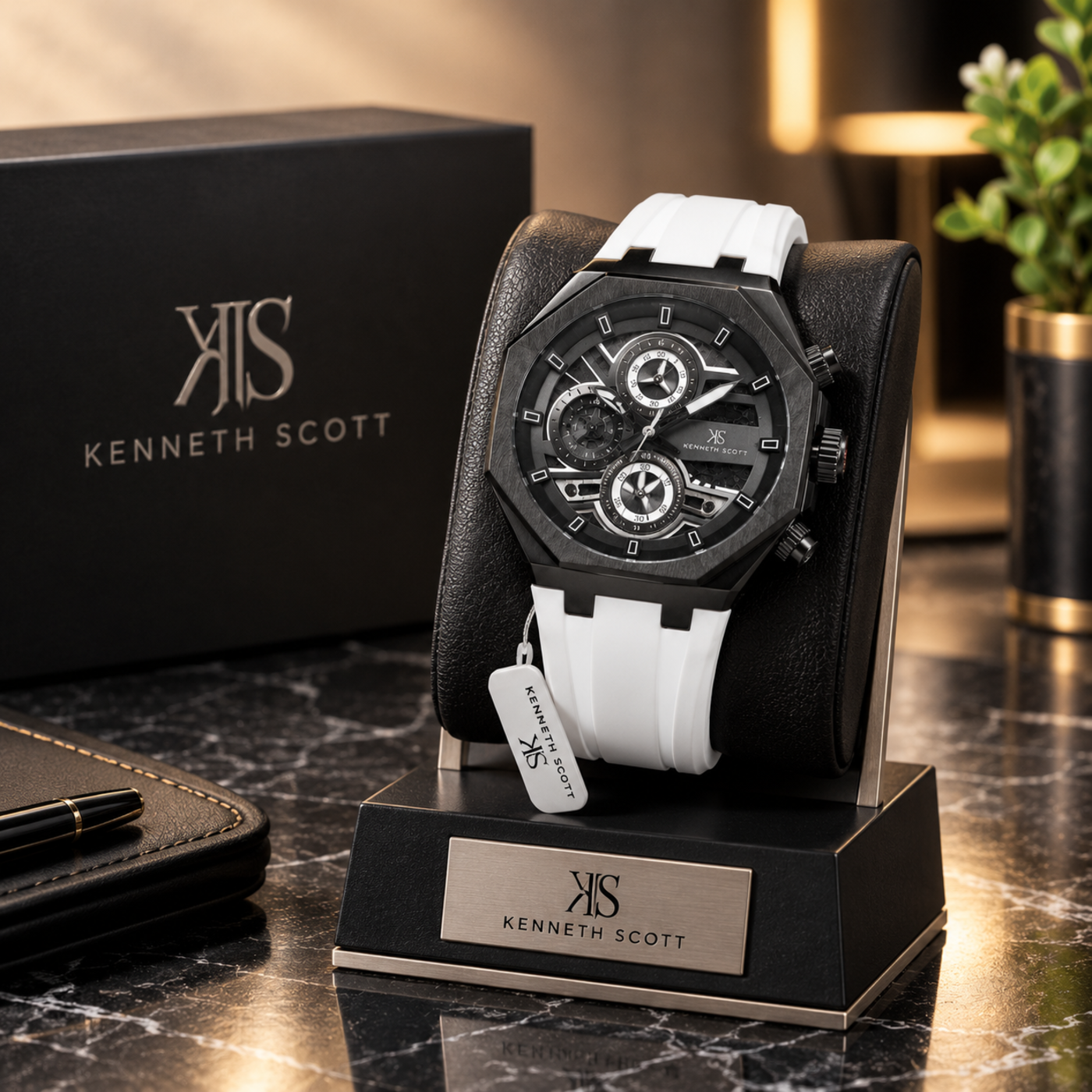 Kenneth Scott Men’s Chronograph Black Dial Watch with White Silicone Strap K26111-BSWB (New) image 1