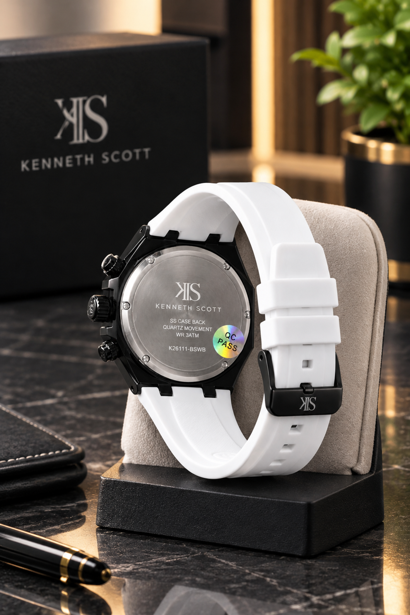 Kenneth Scott Men’s Chronograph Black Dial Watch with White Silicone Strap K26111-BSWB (New) image 3