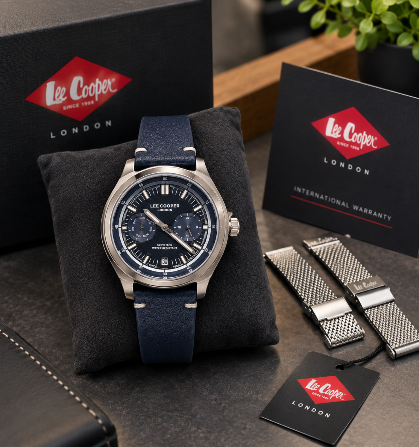Lee Cooper Men’s Blue Multifunction Watch with Leather Strap & Steel Mesh Bracelet LC08377.399 (New) image 1