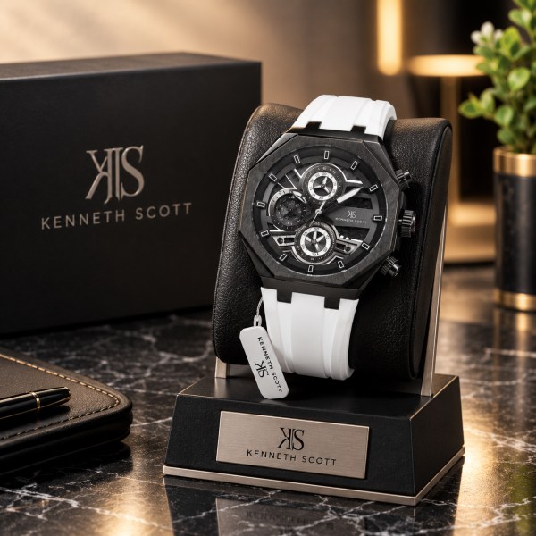 Kenneth Scott Men’s Chronograph Black Dial Watch with White Silicone Strap K26111-BSWB (New)