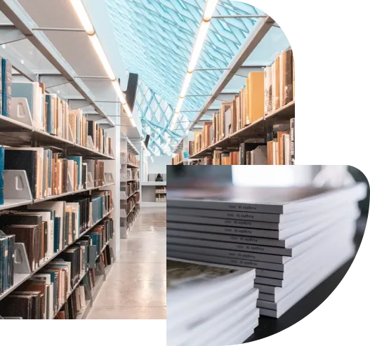 Library and stacked books