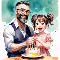 Aquarela de pai e filha sorrindo atrás de um bolo de aniversário. Imagem gerada por IA, modelo SinteticoXL 1.2