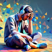 Homem sentado triste, de pernas cruzadas e apoiando a cabeça numa mão. Ele usa um fone-de-ouvido para escutar música. Sua camisa cinza representa o burnout emocional, enquanto o plano de fundo colorido traz a celebração da arte e da vida pela música.
