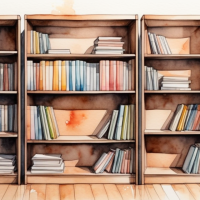 Estante de livros próxima a uma janela. No estilo de aquarela. Imagem gerada por IA, modelo SinteticoXL 1.2