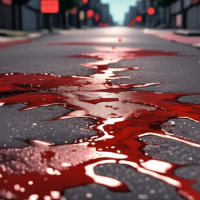 Close-up de uma poça de sangue no meio de uma rua asfaltada. Imagem gerada por IA, modelo SinteticoXL 1.2