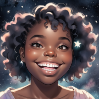 Mulher negra sorrindo, com céu estrelado ao fundo. Imagem gerada por IA, modelo SinteticoXL 1.2