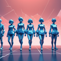 Group of people in a line, two men in each side, five women in the center. All faceless, all in blue. Low-poly style. Imagem gerada por IA, modelo SinteticoXL 1.2