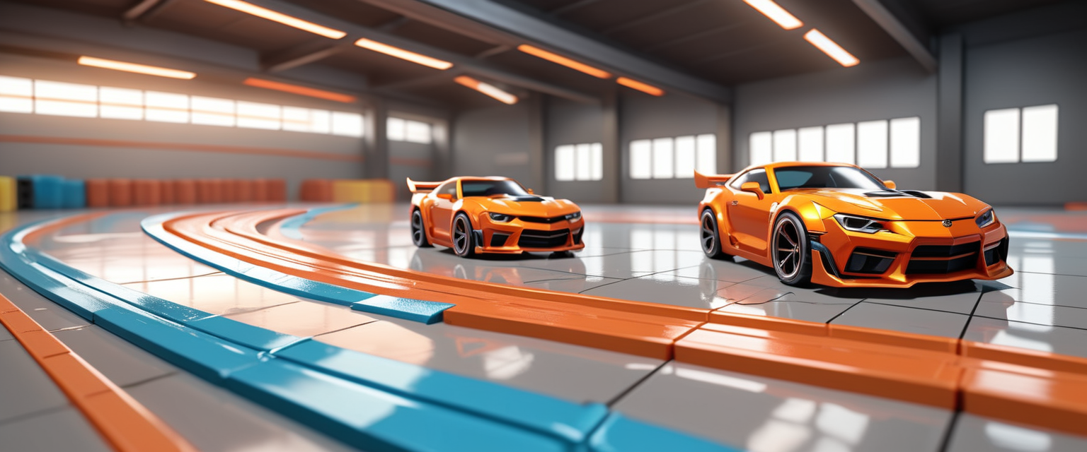 Pista de carrinhos de brinquedo no chão. Imagem gerada por IA, modelo SinteticoXL 1.2