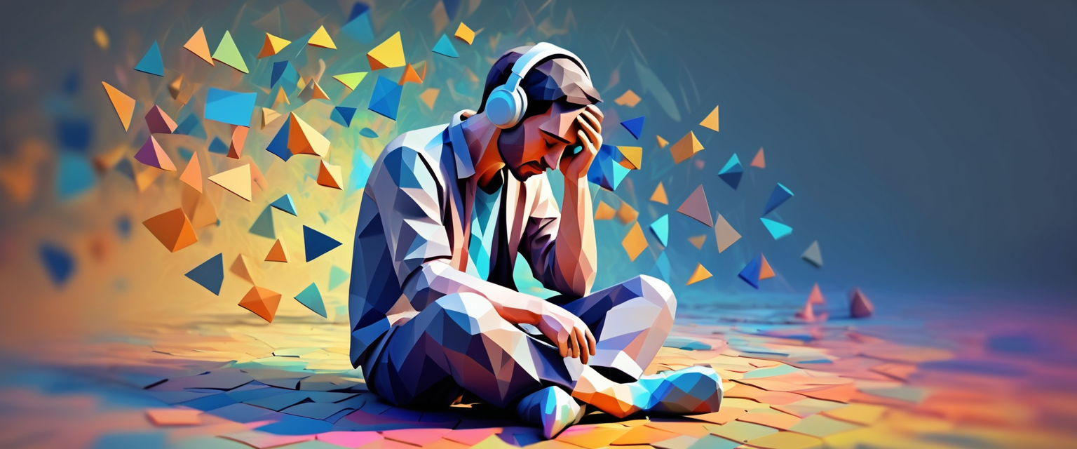 Homem sentado triste, de pernas cruzadas e apoiando a cabeça numa mão. Ele usa um fone-de-ouvido para escutar música. Sua camisa cinza representa o burnout emocional, enquanto o plano de fundo colorido traz a celebração da arte e da vida pela música.