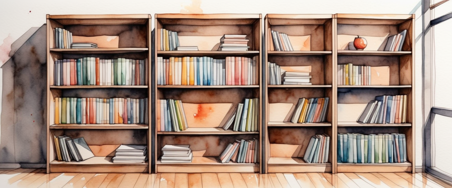 Estante de livros próxima a uma janela. No estilo de aquarela. Imagem gerada por IA, modelo SinteticoXL 1.2