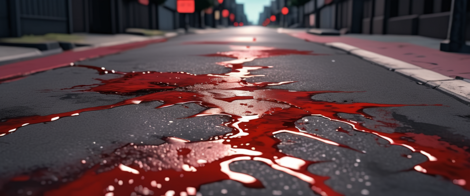 Close-up de uma poça de sangue no meio de uma rua asfaltada. Imagem gerada por IA, modelo SinteticoXL 1.2