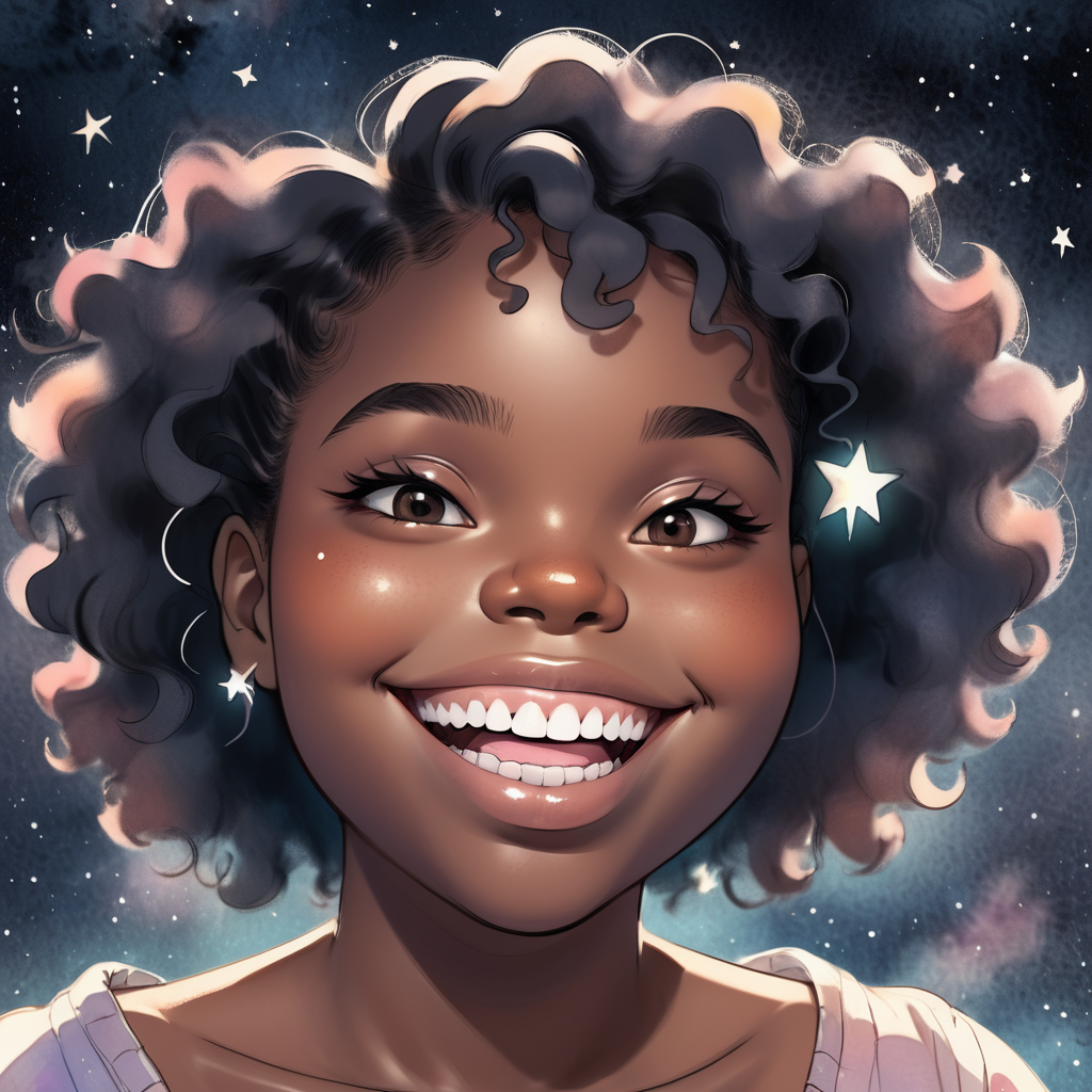 Mulher negra sorrindo, com céu estrelado ao fundo. Imagem gerada por IA, modelo SinteticoXL 1.2