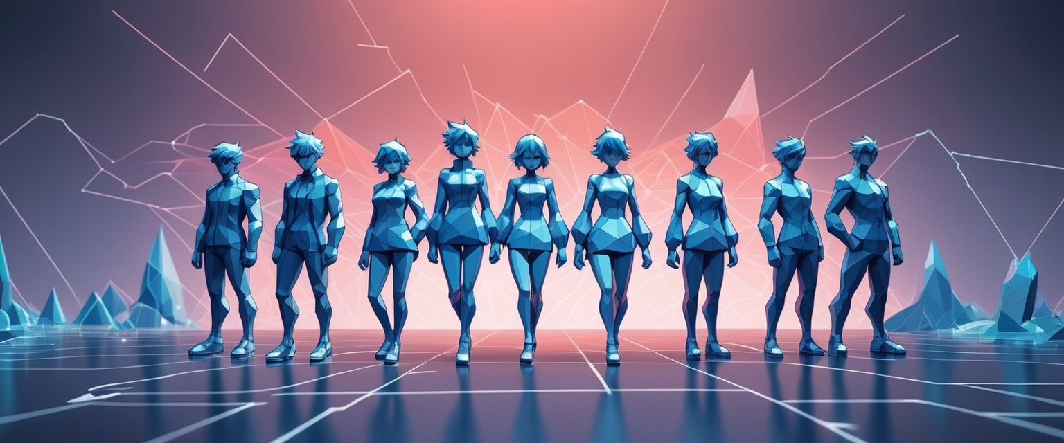Group of people in a line, two men in each side, five women in the center. All faceless, all in blue. Low-poly style. Imagem gerada por IA, modelo SinteticoXL 1.2