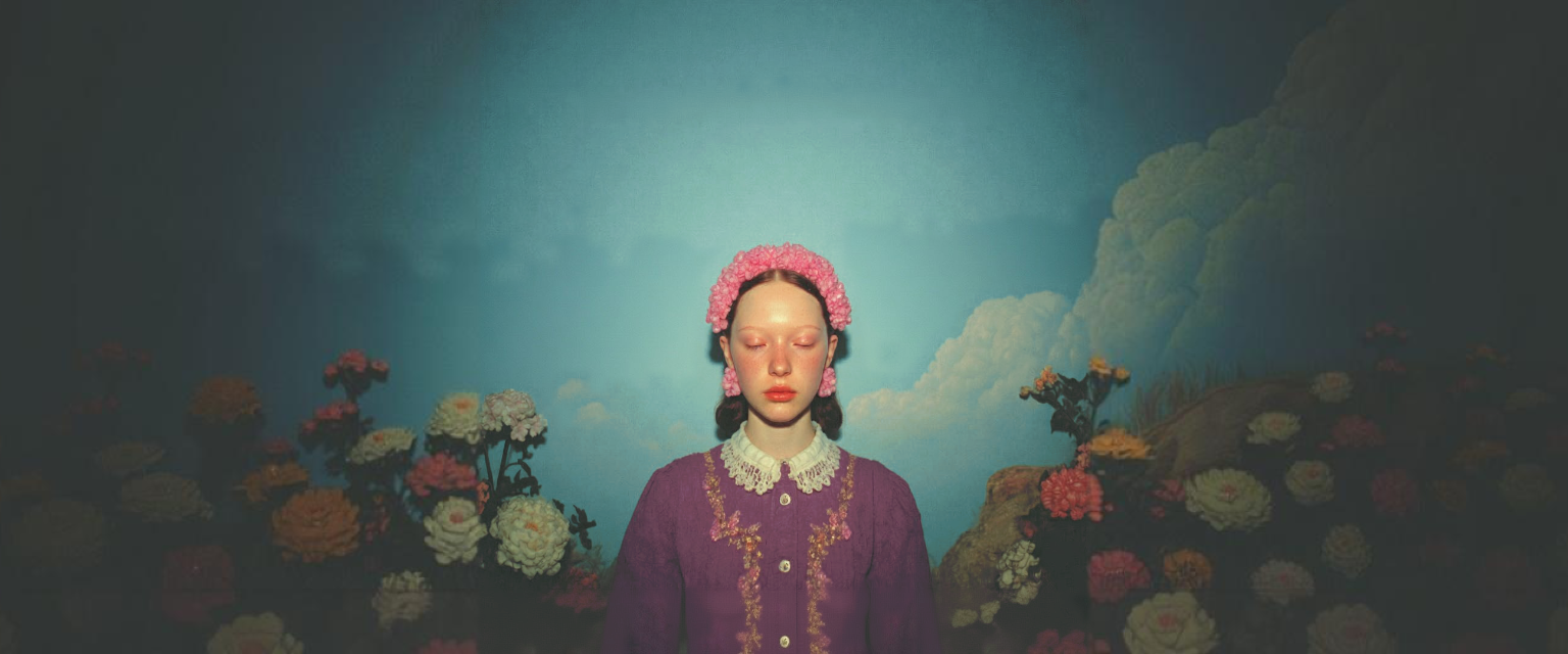 Mulher vestida de roxo, olhos fechados e coroa de flores na cabeça. Em pé num campo florido sob um céu azulado. Imagem gerada com IA.