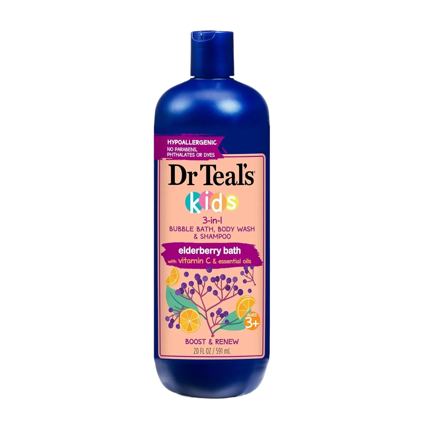 Dr Teal's Kids 3-in-1 Bubble Bath, Body Wash & Shampoo Elderberry Bath With Vitamin C & Essential Oils