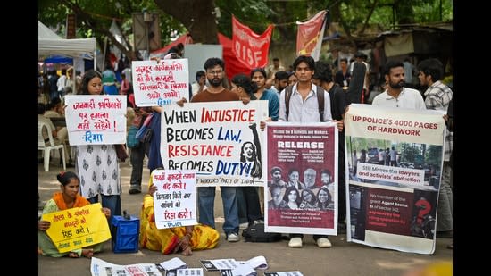Protest at Jantar Mantar demanding release of Noida workers’ agitation accused