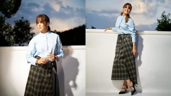 Genelia D’Souza gives the classic blue shirt a stylish twist
