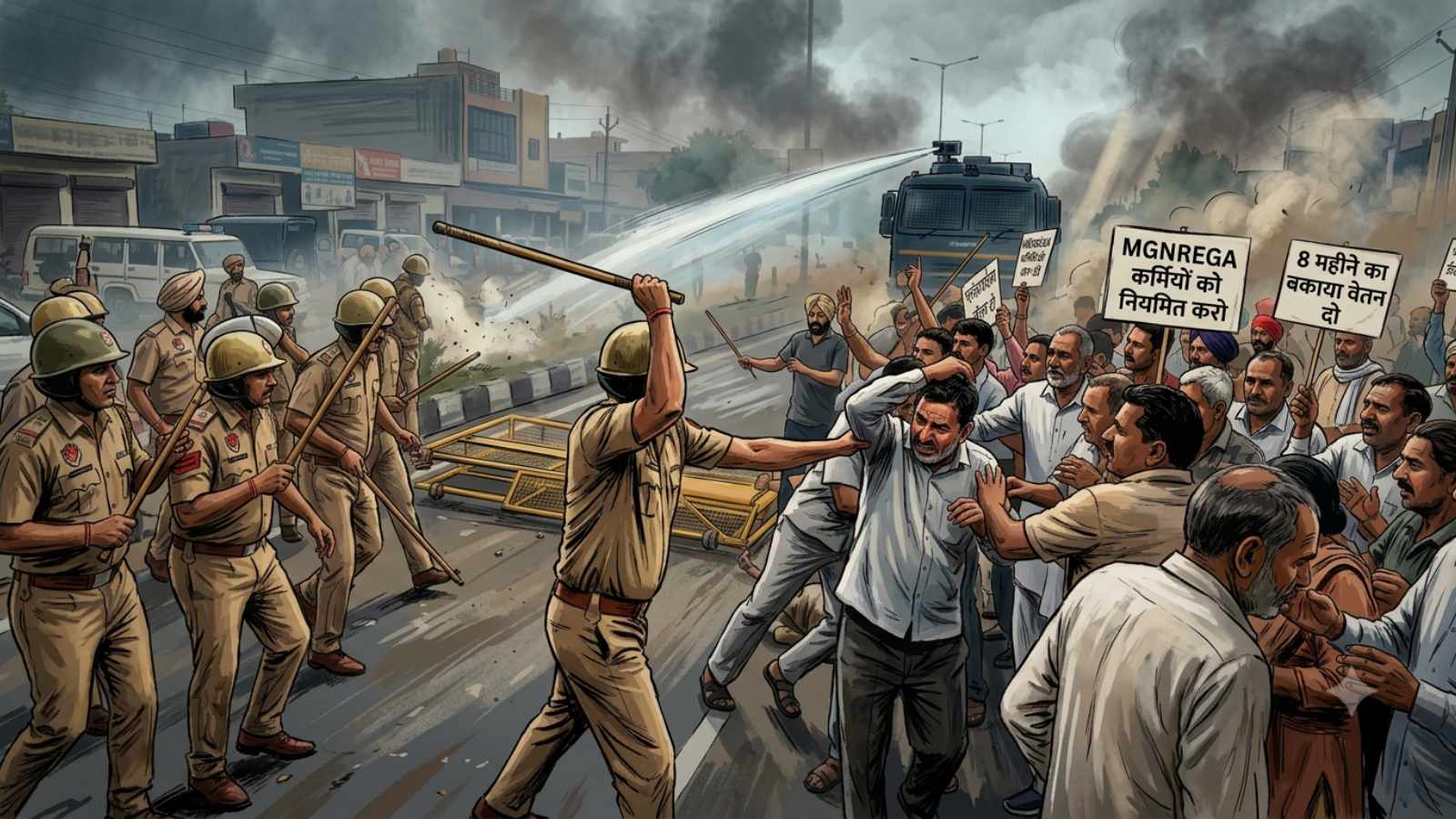 Punjab police resort to lathi-charge, teargas, and water cannons to disperse protesting MGNREGA workers