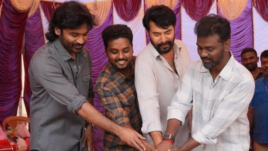 Mammootty and Dhanush celebrate their National Award wins together on OM set with Rajkumar Perisamy and R Kalaivanan