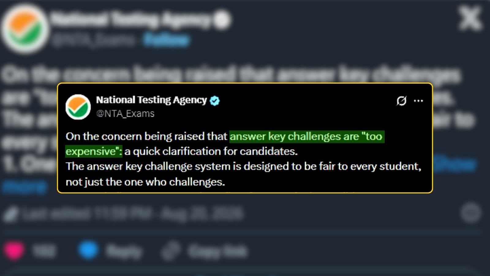 Answer-key fee meant to deter frivolous claims, not make profit: NTA
