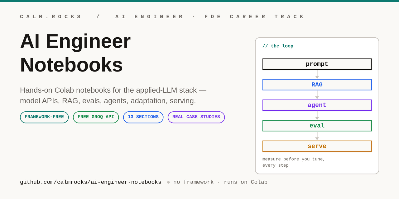 AI Engineer Notebooks – free, framework-free RAG/agents/evals on Colab