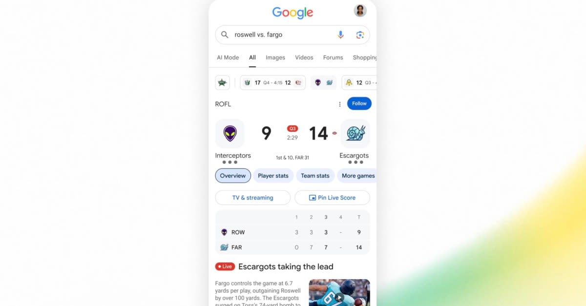 Google search embraces live NFL football