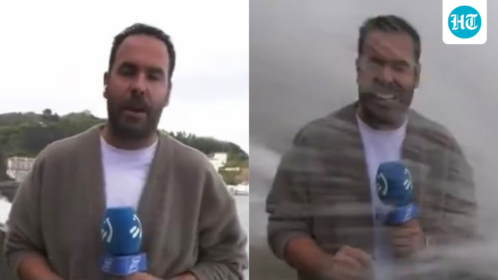 Spanish reporter covering rough seas knocked off balance by giant wave on live TV