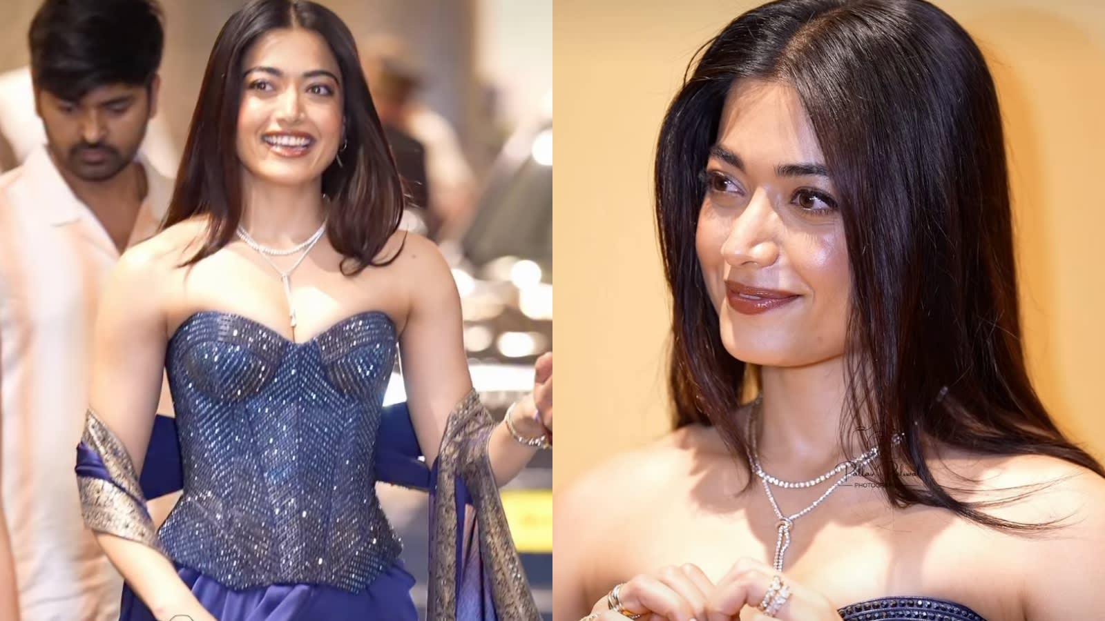 Rashmika Mandanna goes bold in a strapless midnight-blue sari gown with thousands of crystals