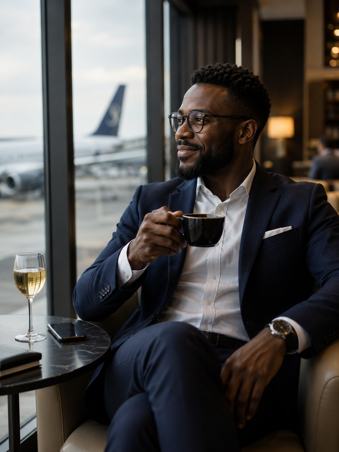African business professional relaxing in a luxurious airport business lounge