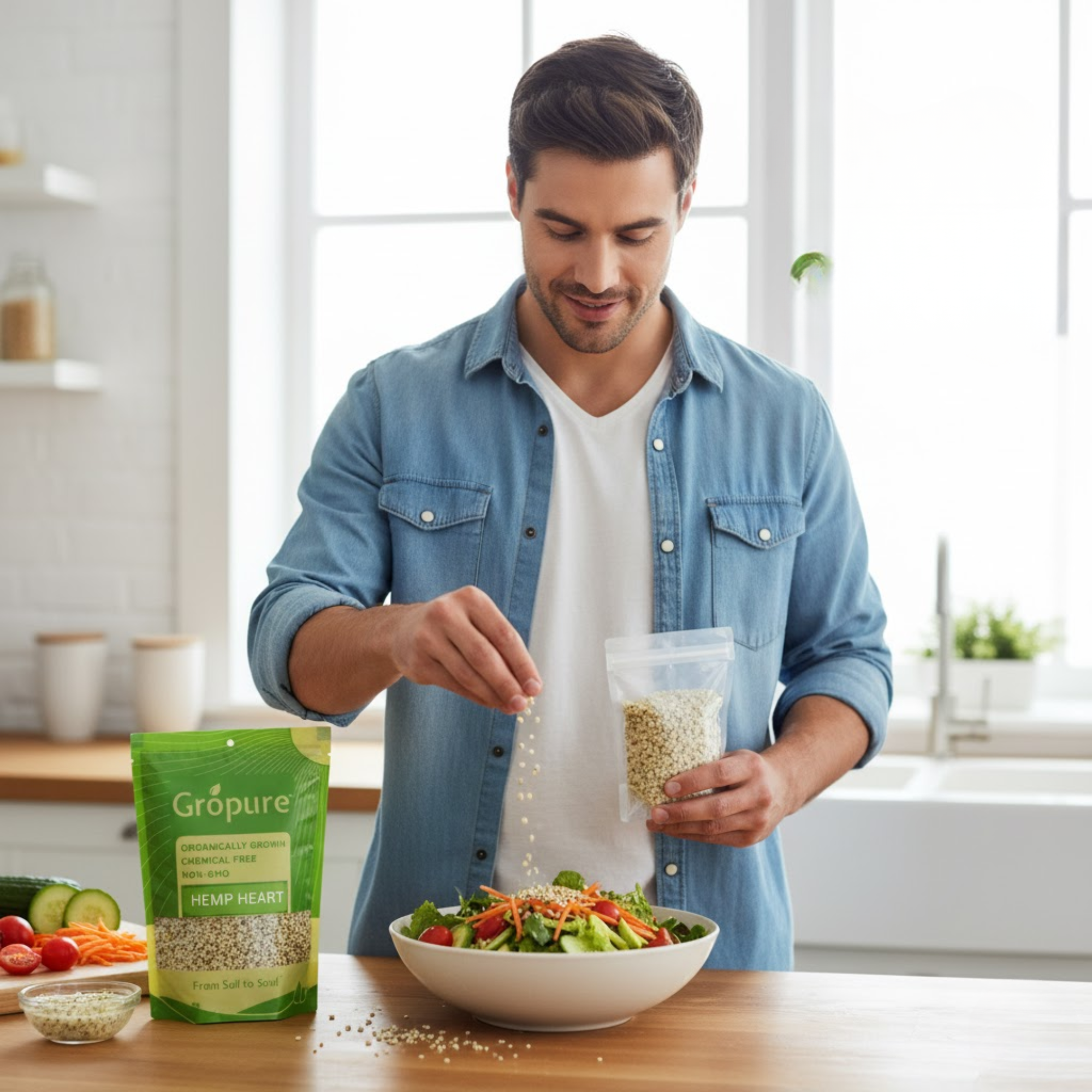 Hemp hearts tossed through a salad