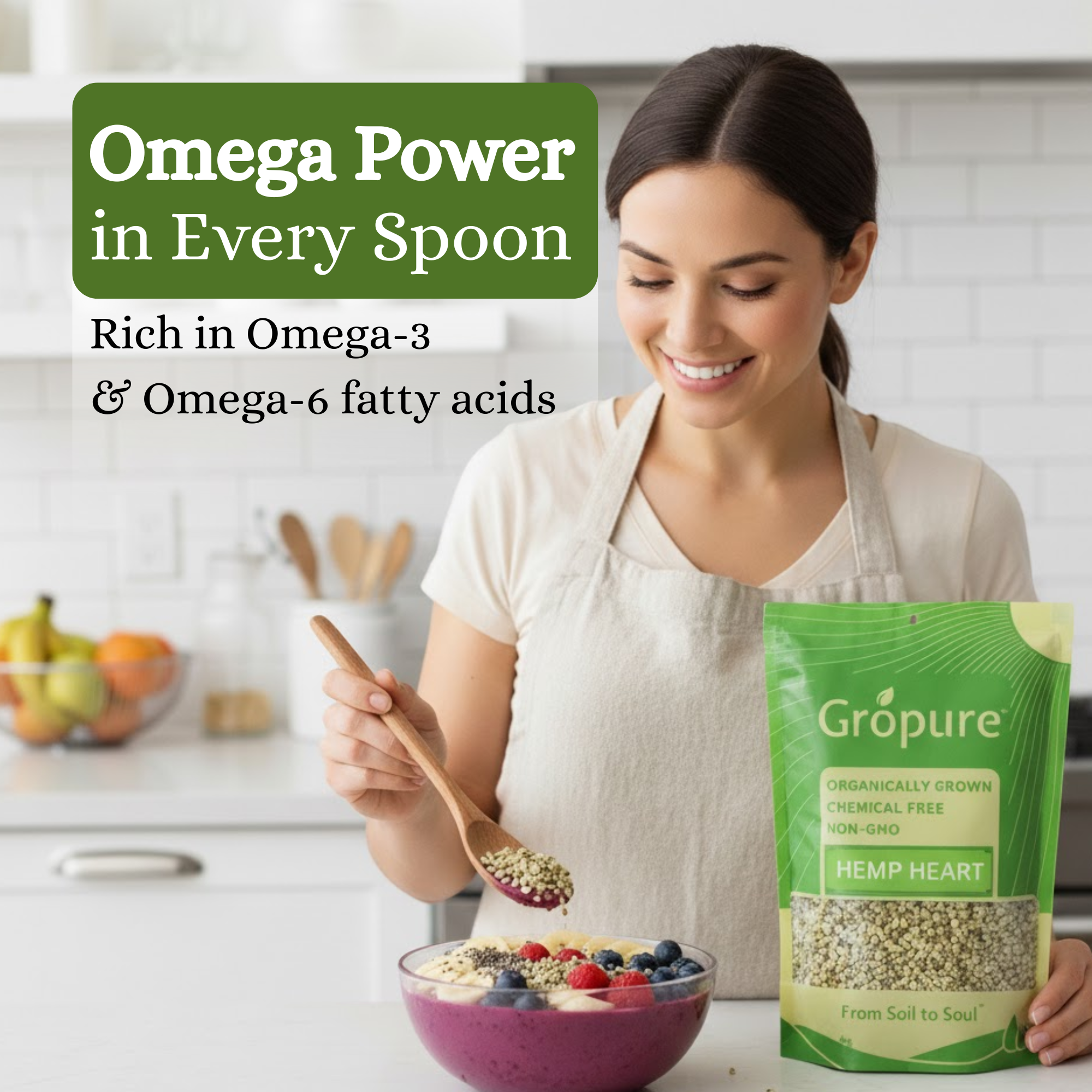 Hemp hearts sprinkled over a breakfast bowl