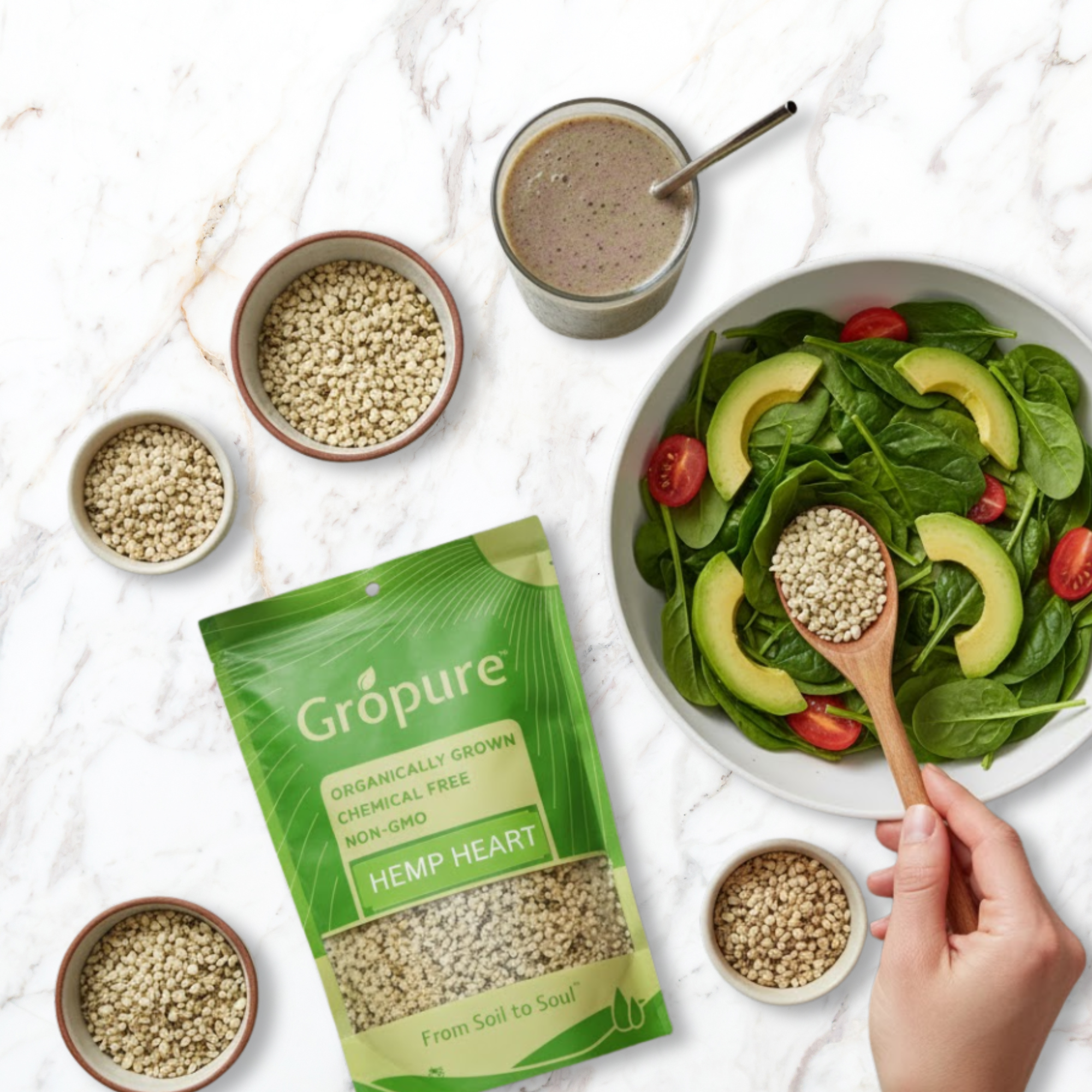 Hemp hearts blended into a smoothie