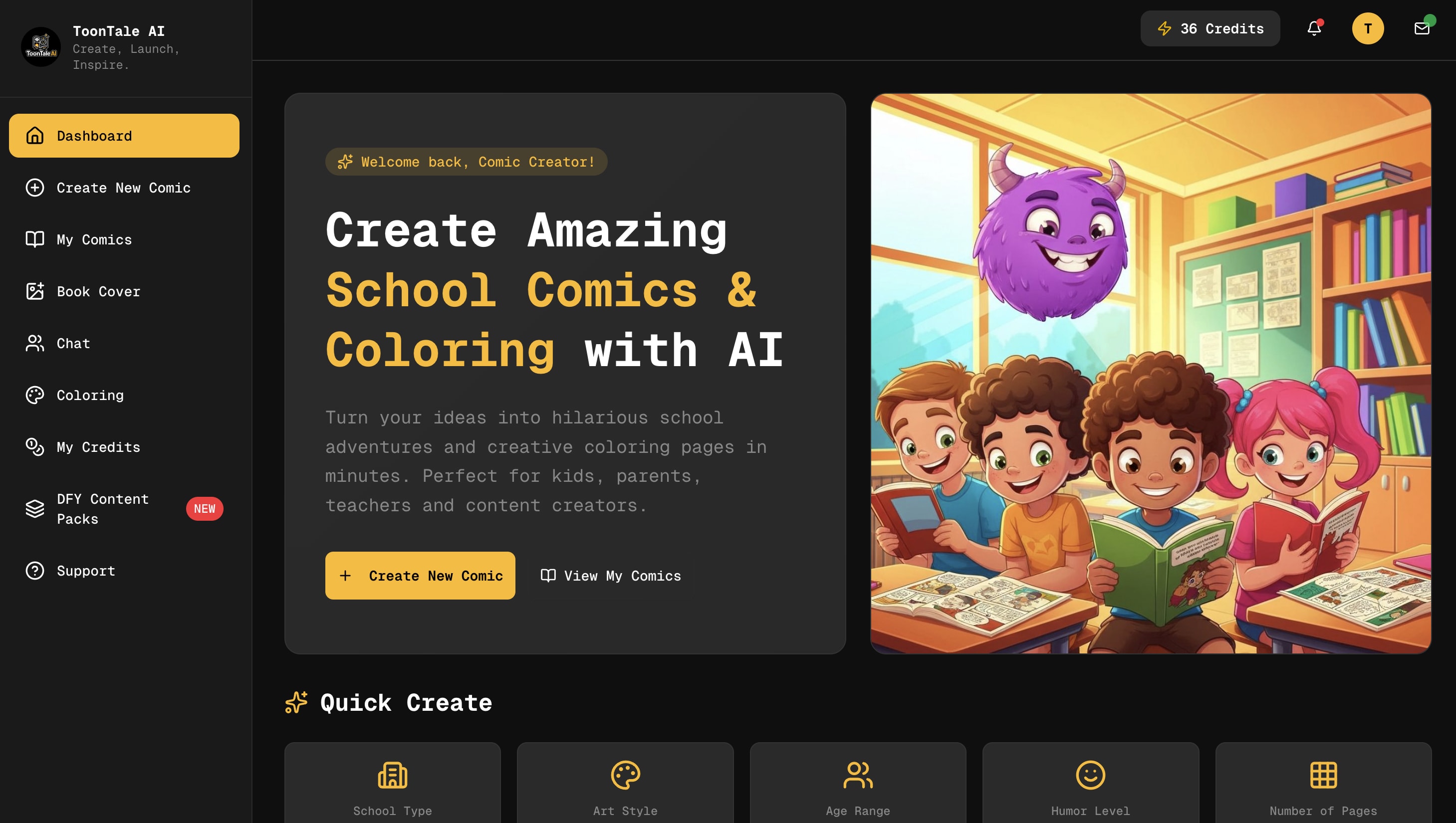 ToonTale AI Studio Main Page Interface