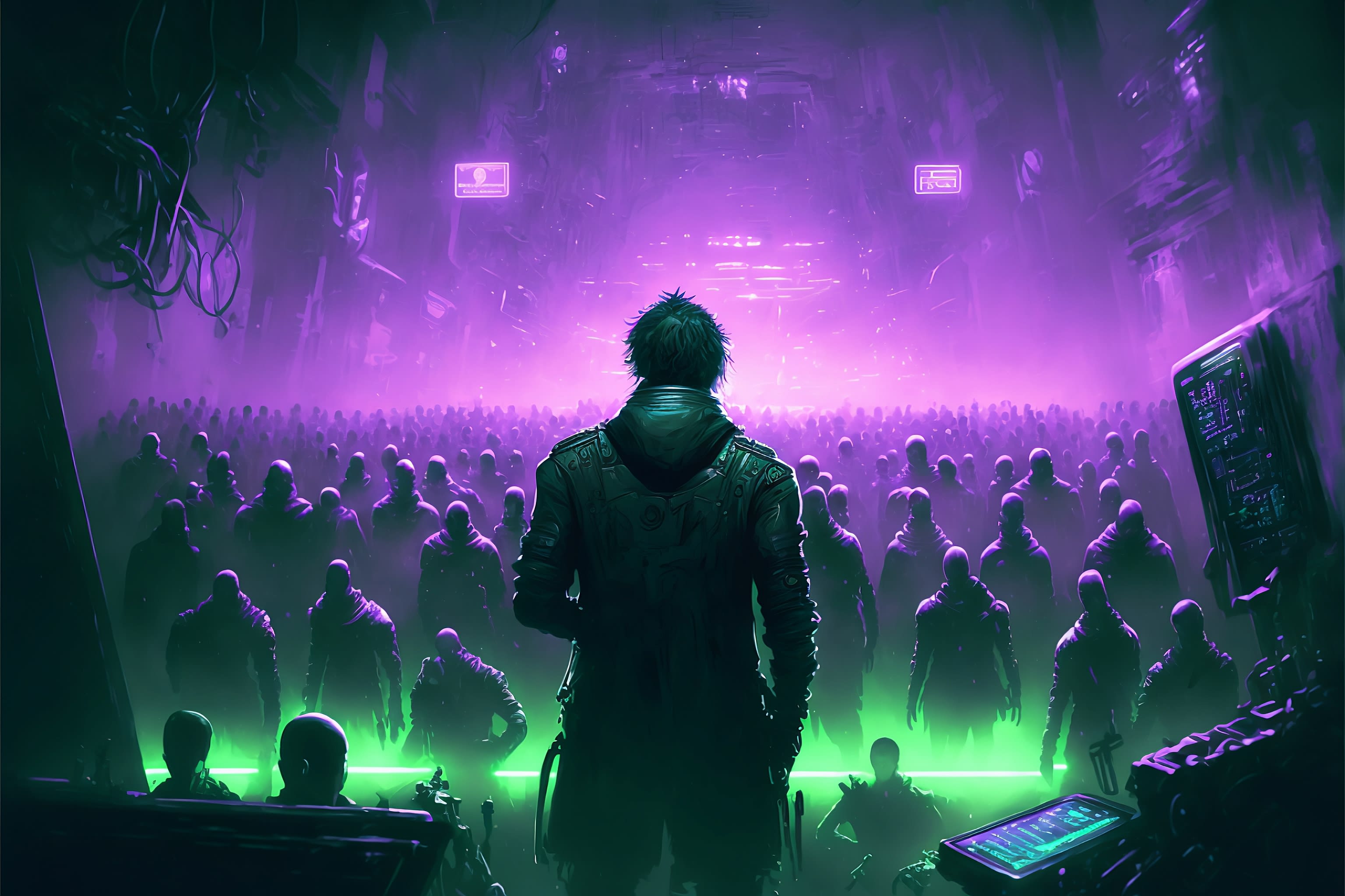 Man talking to a crowd in a futuristic environment
