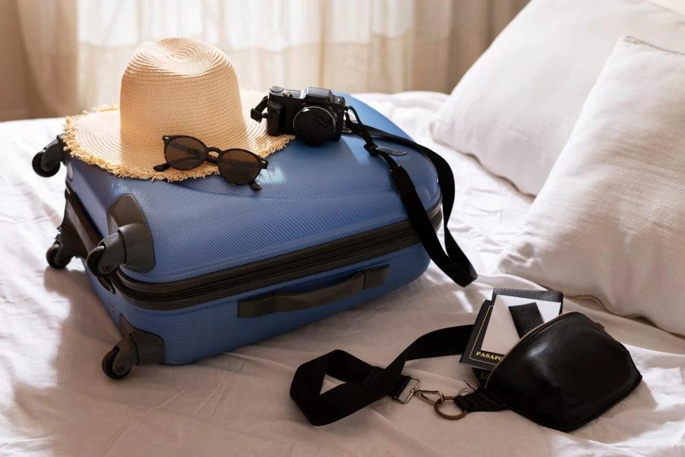 "Valigia aperta sul letto con vestiti, biglietti e macchina fotografica, pronta per un viaggio autentico