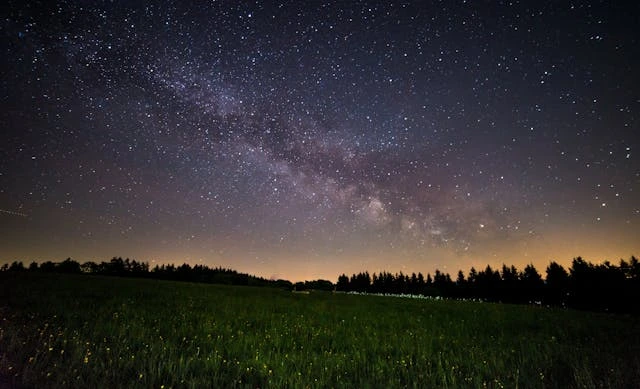Cielo notturno stellato sopra un paesaggio isolato.