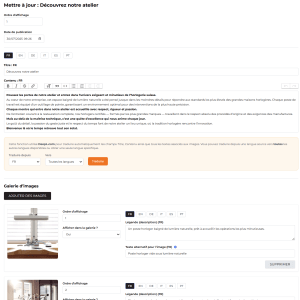 Interface d’administration Pro-Watch pour la gestion multilingue des contenus et des images avec traduction automatique