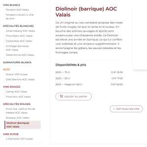 Fiche produit vin Jacquod Vins avec menu de navigation latéral et options d’achat