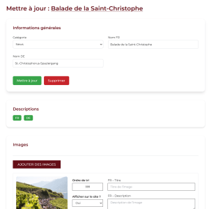 Interface d’administration pour l’édition multilingue d’un article et de sa galerie d’images