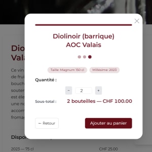 Modale d’ajout au panier avec sélection de format, millésime et quantité
