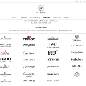 Page Marques du site Pro-Watch affichant les logos des maisons horlogères certifiées partenaires