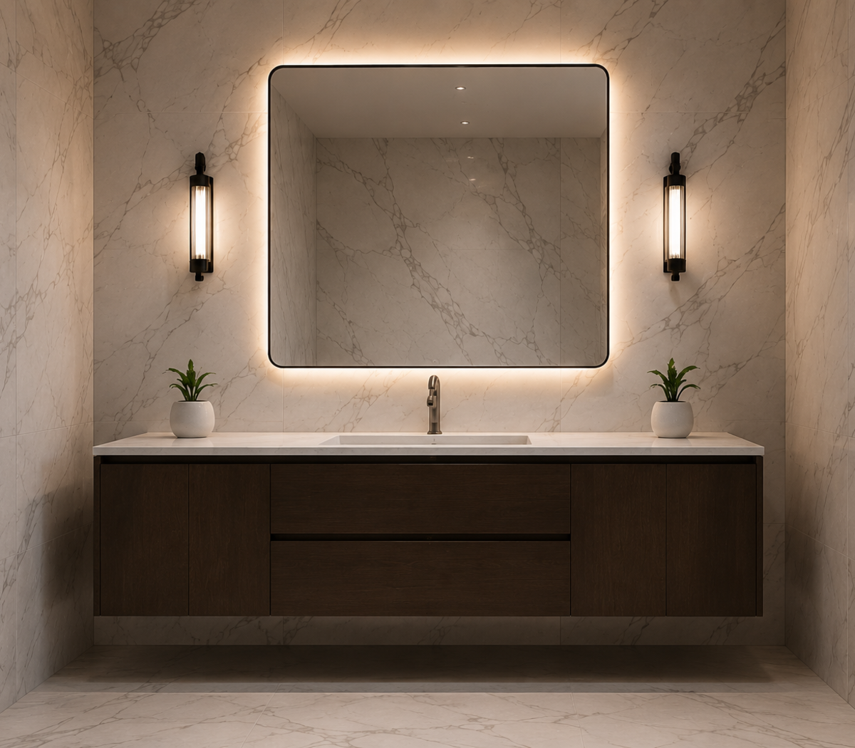 Freestanding tub & book-matched stone suite