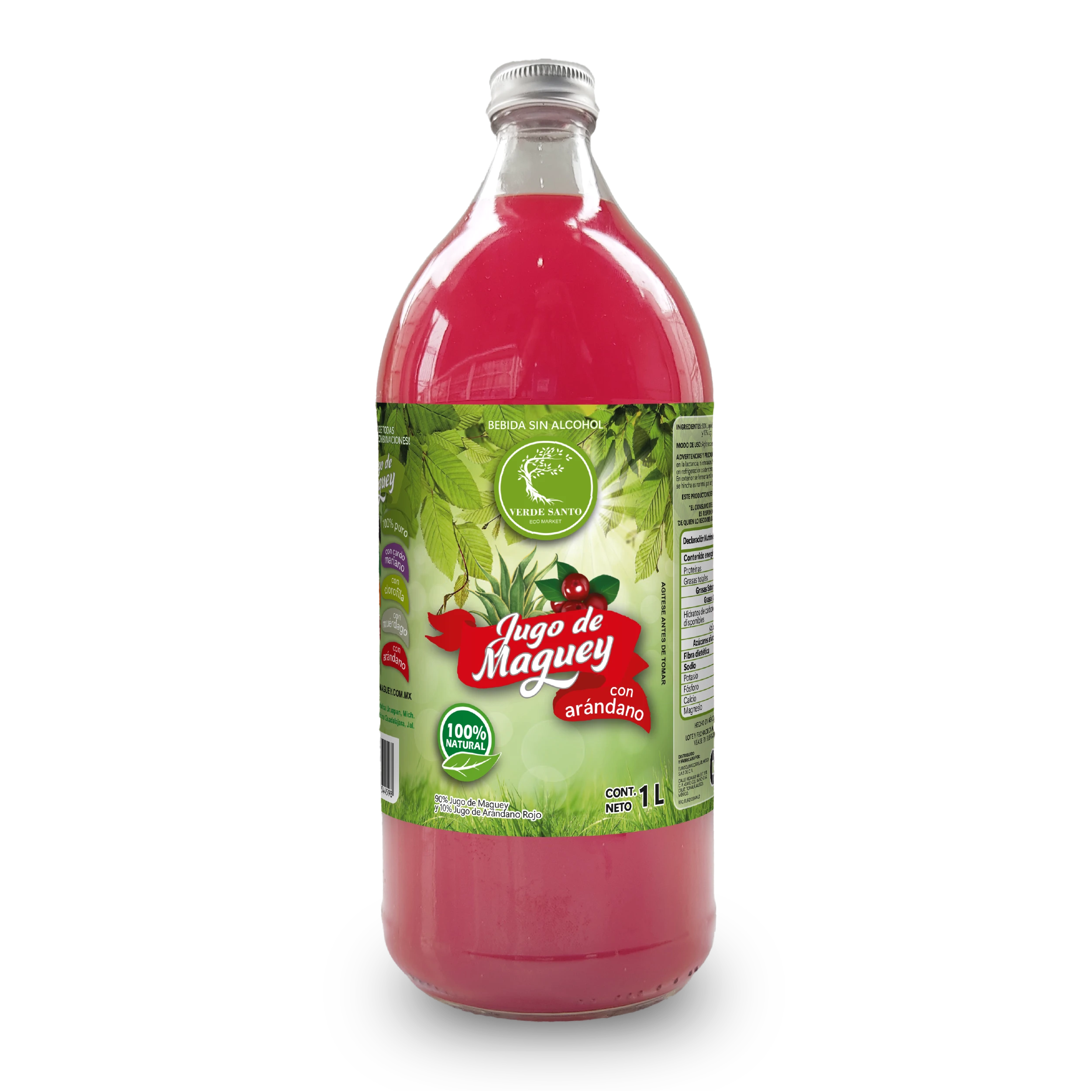 Jugo de Maguey con Arándano | Botella de Vidrio 1L | 100% Natural | Verde Santo