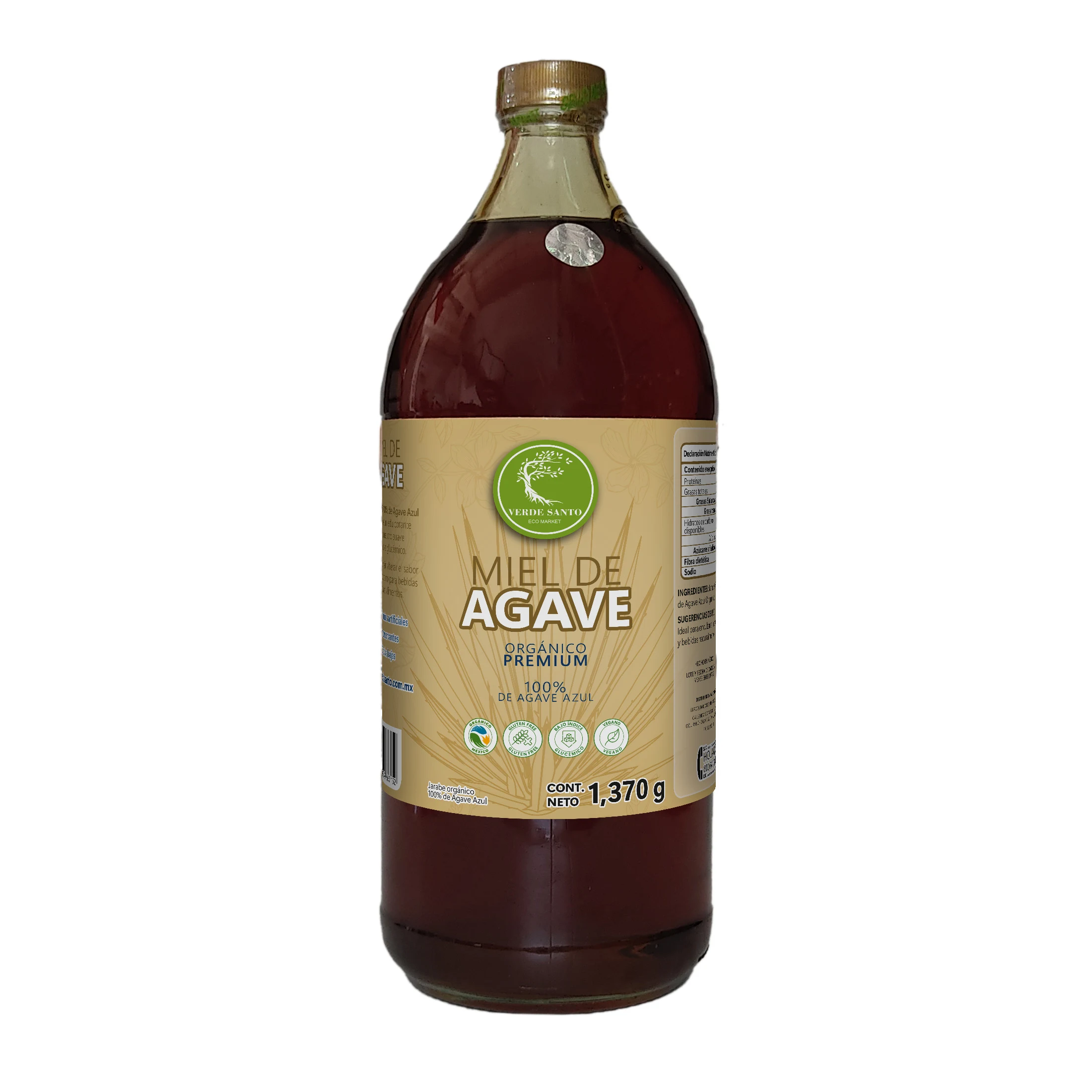 Miel de Agave Orgánica Premium | Botella de Vidrio 1.37 kg | 100% Agave Azul | Verde Santo
